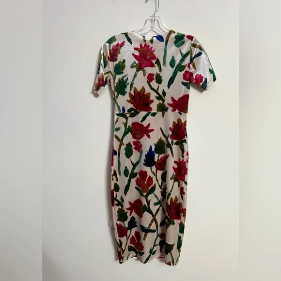 Zara Trafal Velvet Cream Burgundy Navy Floral V-Neck Midi Women’s Dress Medium M - Picture 5 of 5